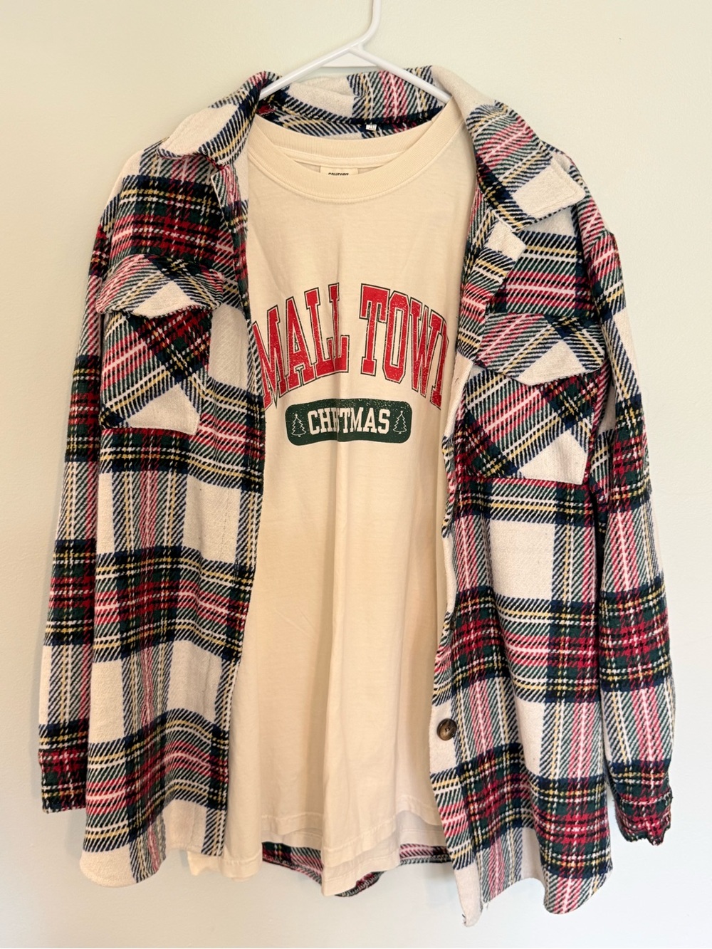 Two Shirt Bundle Cream Tee with Holiday Color Plaid Button Up Sweater Size 2XL